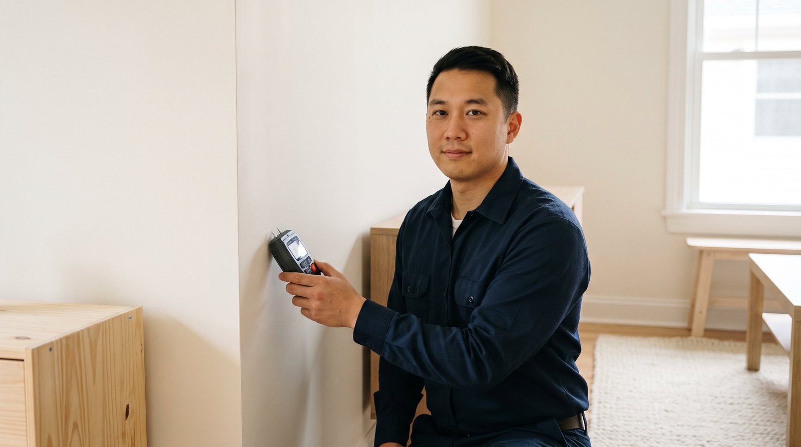 A technician in a navy work shirt crouching beside a cream wall and holding a handheld moisture meter against it, in a bright room with a window and a wooden bench